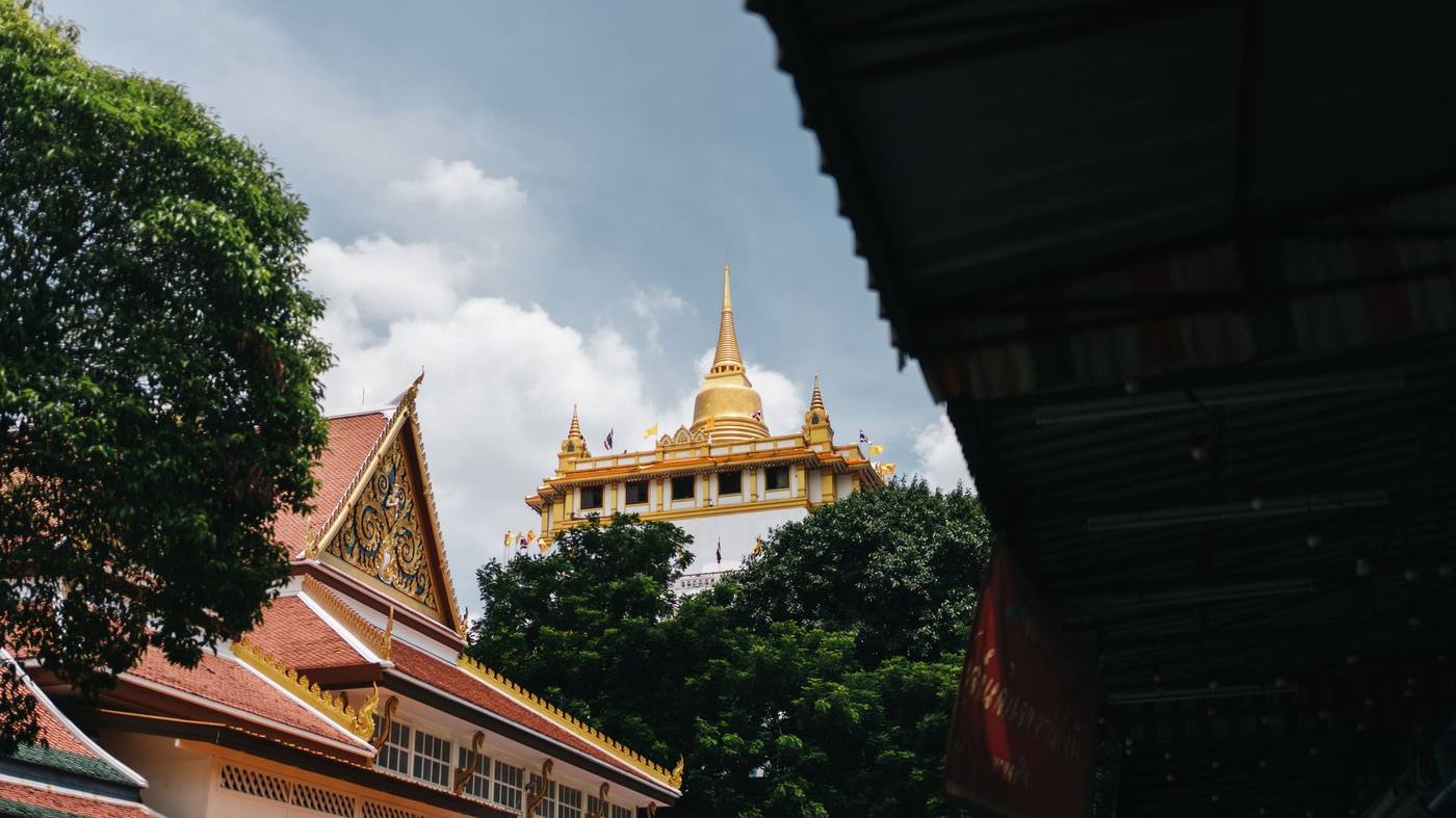 A temple spire above the rooftops